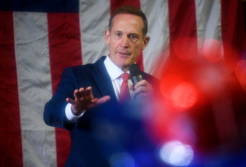 GREENSBORO, NC - OCTOBER 13: U.S. Senate candidate Rep. Ted Budd (R-NC) speaks during a campaign rally at Illuminating Technologies on October 13, 2022 in Greensboro, North Carolina. Rep. Budd, running against Democratic Senate candidate Cheri Beasley, was introduced by Donald Trump Jr. to a small crowd of supporters during the "Keep NC Red" rally. (Photo by Melissa Sue Gerrits/Getty Images)